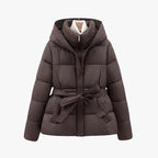 Women's Hooded Puffer Jacket with Removable Belt and High Collar