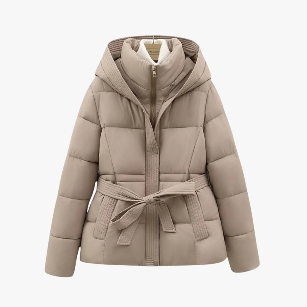 Women's Hooded Puffer Jacket with Removable Belt and High Collar