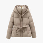 Women's Hooded Puffer Jacket with Removable Belt and High Collar