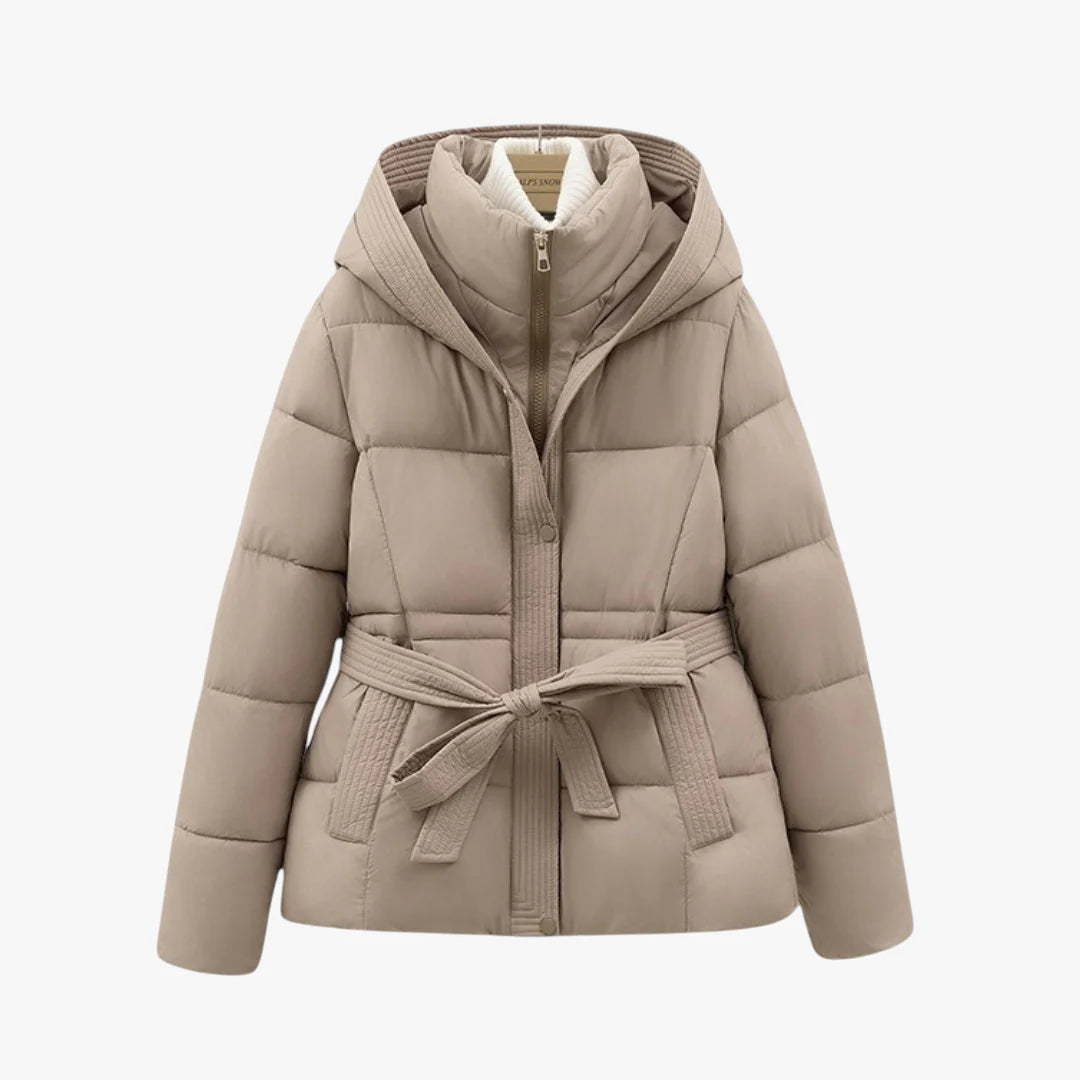 Women's Hooded Puffer Jacket with Removable Belt and High Collar