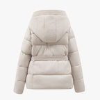 Women's Hooded Puffer Jacket with Removable Belt and High Collar