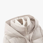 Women's Hooded Puffer Jacket with Removable Belt and High Collar