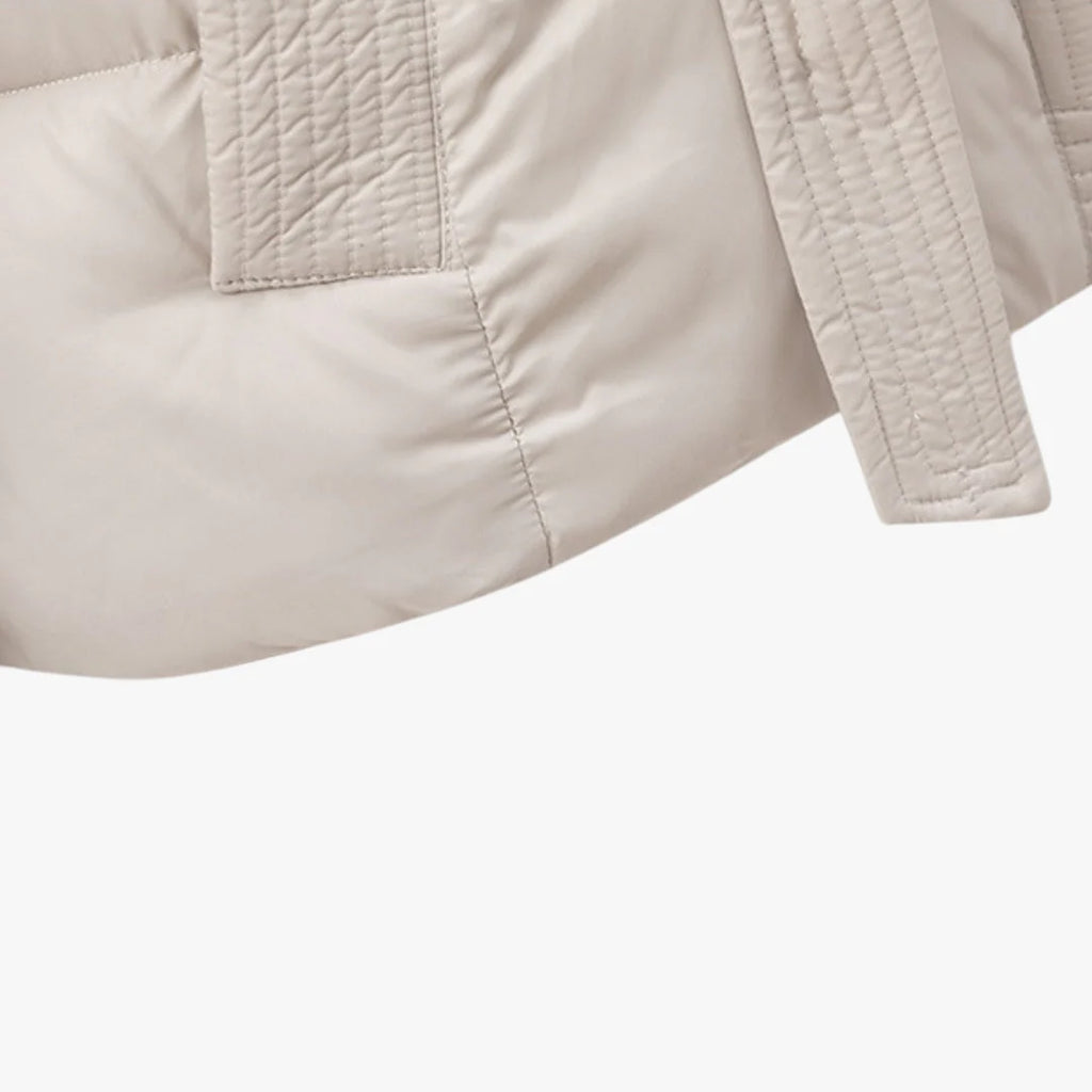 Women's Hooded Puffer Jacket with Removable Belt and High Collar