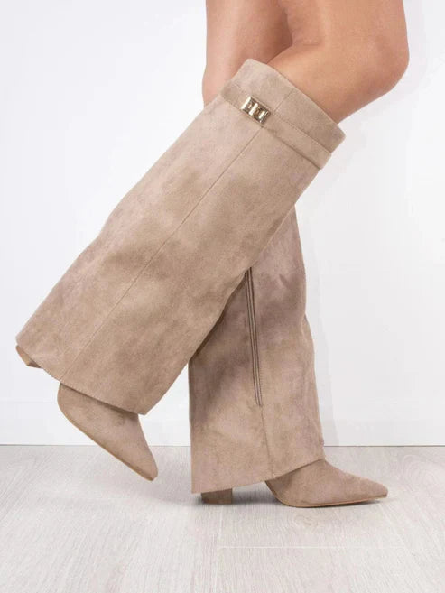 Zohra Women's Faux Suede Knee-High Boots with Flap | Block Heel Fold-Over Boots for Women