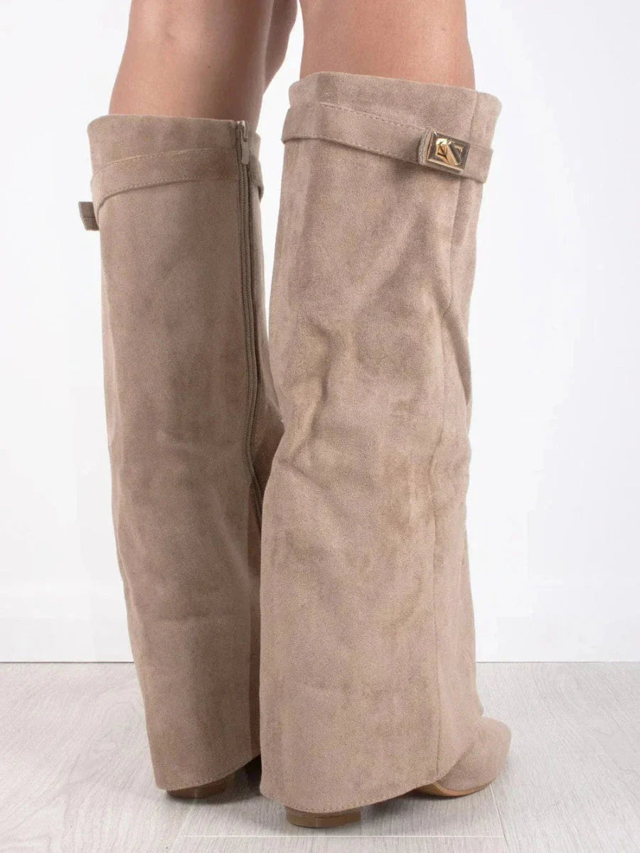 Zohra Women's Faux Suede Knee-High Boots with Flap | Block Heel Fold-Over Boots for Women