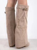 Zohra Women's Faux Suede Knee-High Boots with Flap | Block Heel Fold-Over Boots for Women