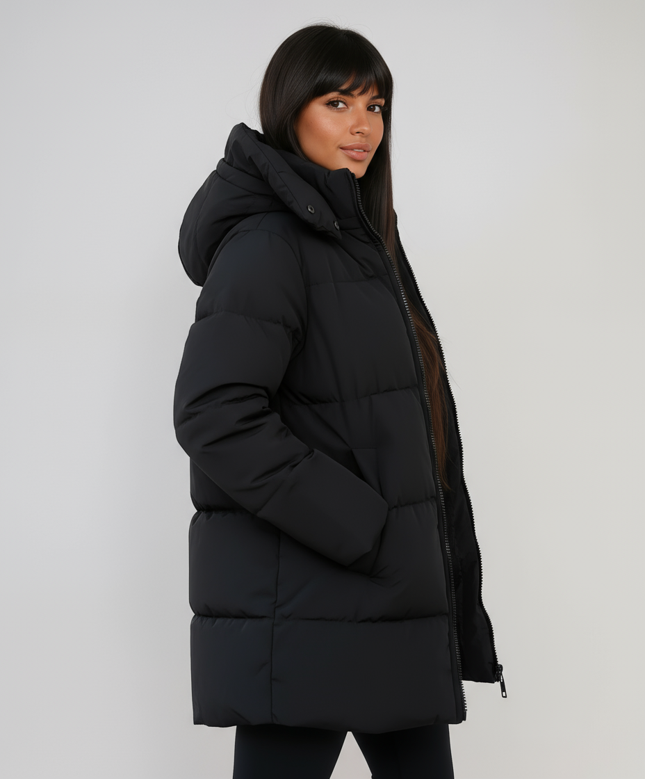 Noémie Women's Longline Quilted Puffer Jacket with Hood | Warm Winter Maxi Coat for Women