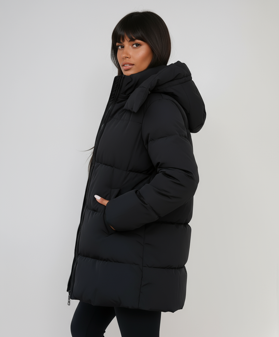Noémie Women's Longline Quilted Puffer Jacket with Hood | Warm Winter Maxi Coat for Women
