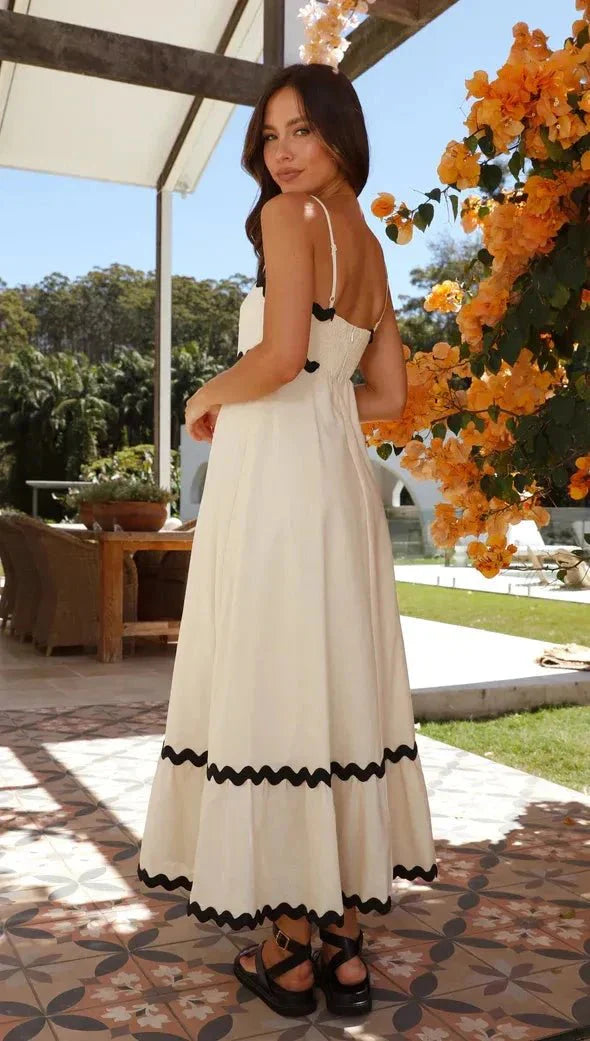 Amillia Women's Linen Contrast Trim Midi Dress | Ric Rac Spaghetti Strap Summer Dress | Casual & Evening