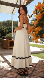 Amillia Women's Linen Contrast Trim Midi Dress | Ric Rac Spaghetti Strap Summer Dress | Casual & Evening