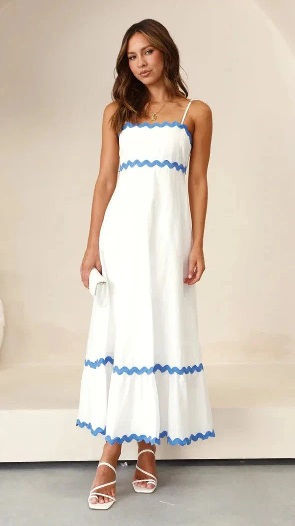 Amillia Women's Linen Contrast Trim Midi Dress | Ric Rac Spaghetti Strap Summer Dress | Casual & Evening