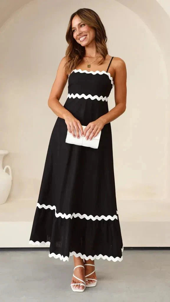 Amillia Women's Linen Contrast Trim Midi Dress | Ric Rac Spaghetti Strap Summer Dress | Casual & Evening