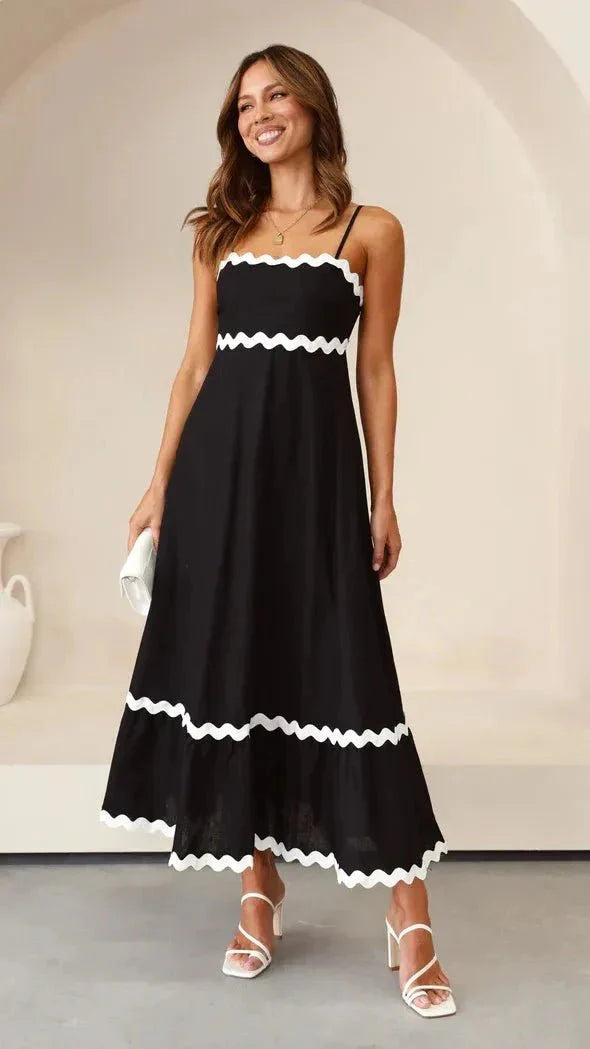 Amillia Women's Linen Contrast Trim Midi Dress | Ric Rac Spaghetti Strap Summer Dress | Casual & Evening