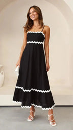 Amillia Women's Linen Contrast Trim Midi Dress | Ric Rac Spaghetti Strap Summer Dress | Casual & Evening