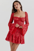 Amaya Women's Lace Corset Mini Dress | Floral Bell Sleeve Going Out Dress | Evening & Smart Casual