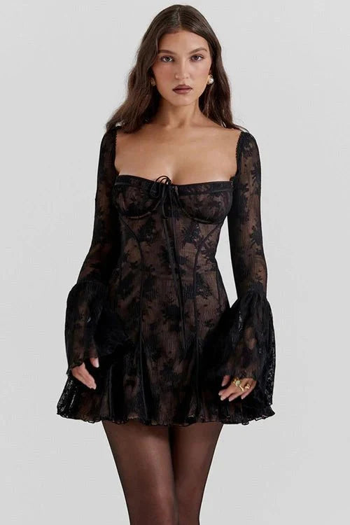 Amaya Women's Lace Corset Mini Dress | Floral Bell Sleeve Going Out Dress | Evening & Smart Casual