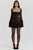 Amaya Women's Lace Corset Mini Dress | Floral Bell Sleeve Going Out Dress | Evening & Smart Casual