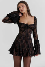 Amaya Women's Lace Corset Mini Dress | Floral Bell Sleeve Going Out Dress | Evening & Smart Casual