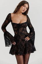 Amaya Women's Lace Corset Mini Dress | Floral Bell Sleeve Going Out Dress | Evening & Smart Casual