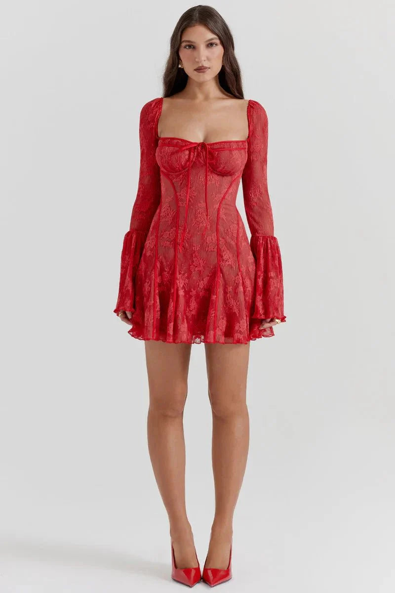 Amaya Women's Lace Corset Mini Dress | Floral Bell Sleeve Going Out Dress | Evening & Smart Casual