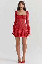 Amaya Women's Lace Corset Mini Dress | Floral Bell Sleeve Going Out Dress | Evening & Smart Casual