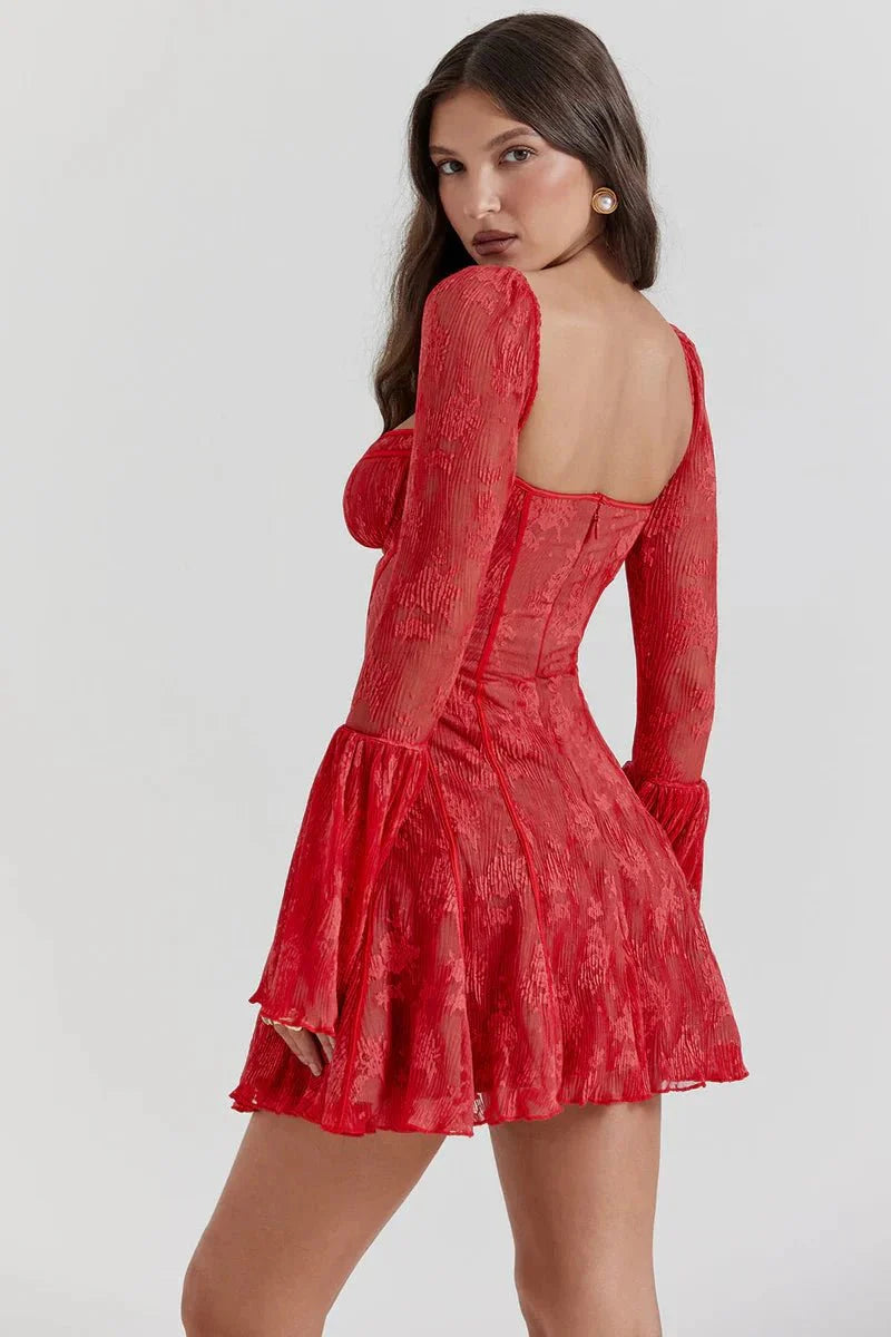 Amaya Women's Lace Corset Mini Dress | Floral Bell Sleeve Going Out Dress | Evening & Smart Casual