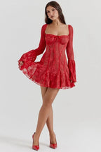 Amaya Women's Lace Corset Mini Dress | Floral Bell Sleeve Going Out Dress | Evening & Smart Casual