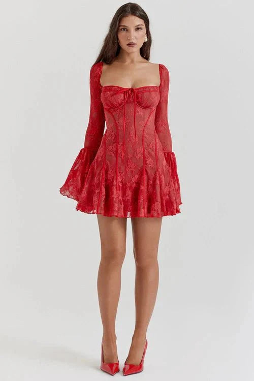 Amaya Women's Lace Corset Mini Dress | Floral Bell Sleeve Going Out Dress | Evening & Smart Casual