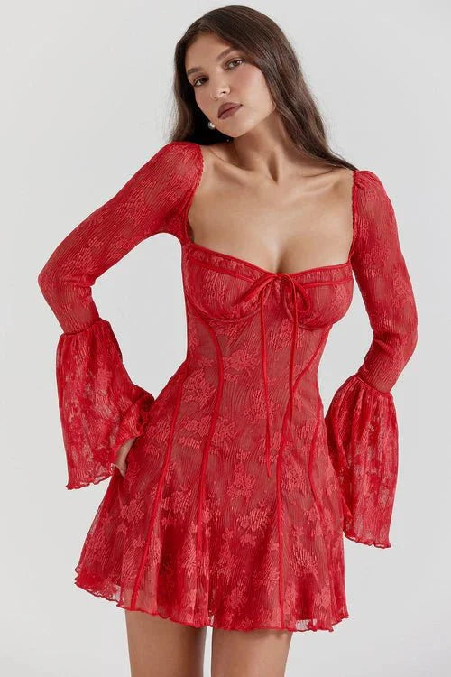 Amaya Women's Lace Corset Mini Dress | Floral Bell Sleeve Going Out Dress | Evening & Smart Casual
