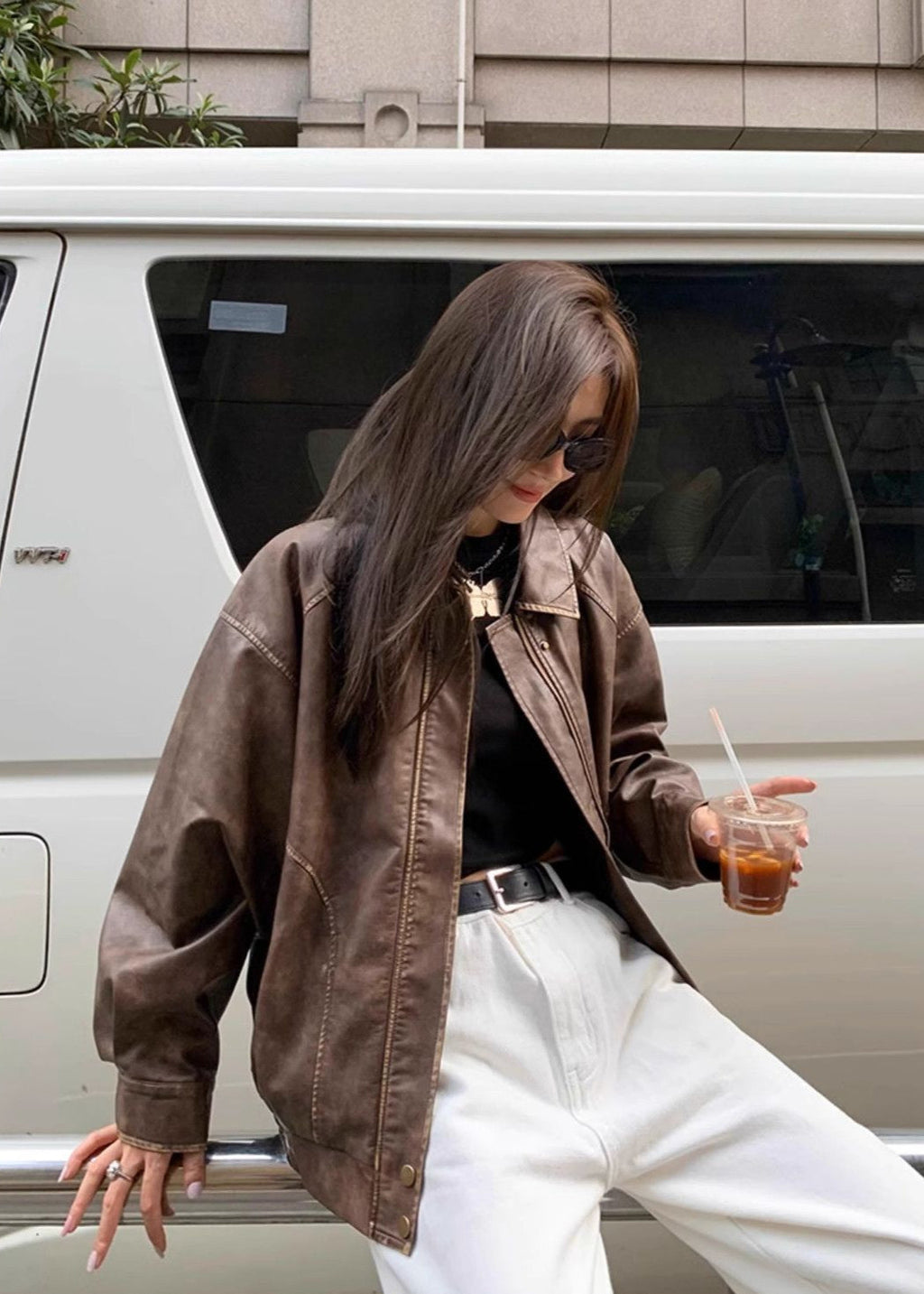 Nova Women's Oversized Brown Faux Leather Biker Jacket | Vintage Streetwear Moto Jacket for Women