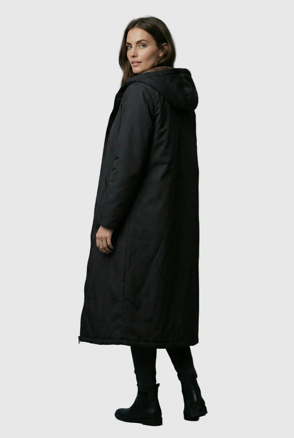 Women’s Elegant Black Plush-Lined Hooded Long Coat
