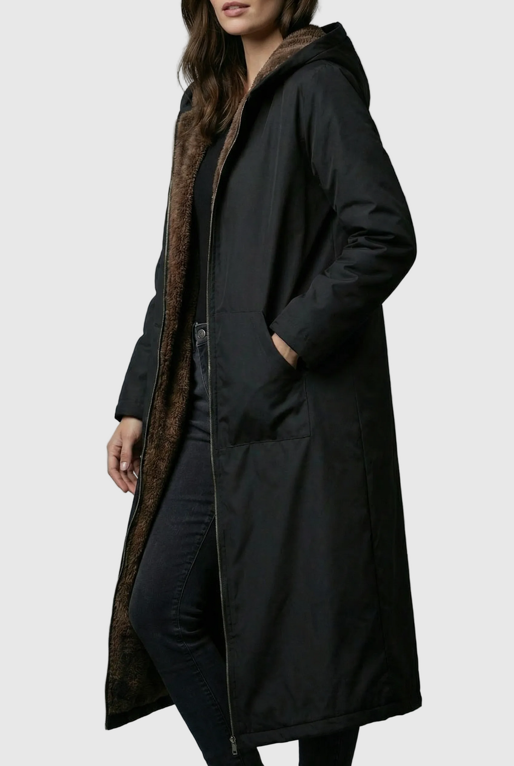 Women’s Elegant Black Plush-Lined Hooded Long Coat