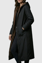 Women’s Elegant Black Plush-Lined Hooded Long Coat