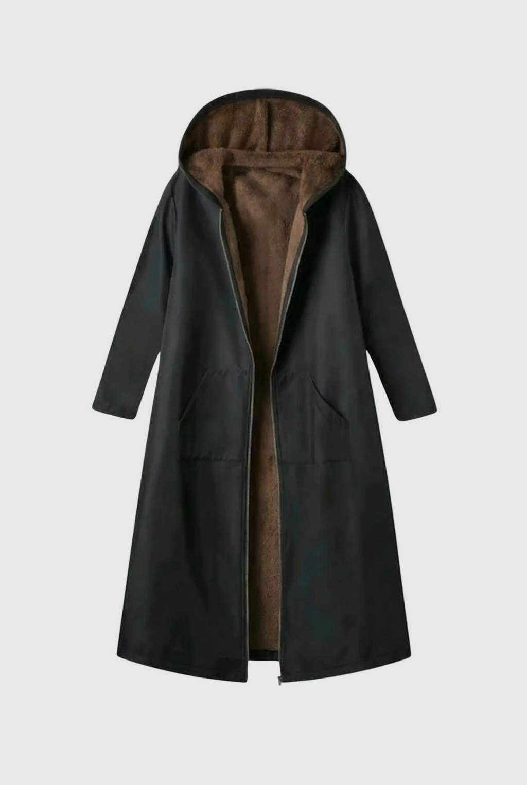 Women’s Elegant Black Plush-Lined Hooded Long Coat