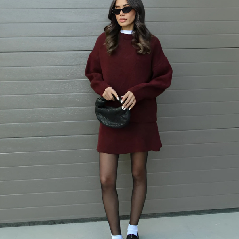 Amelie Women's Matching Knit Sweater & Mini Skirt Set | Cotton Knit Co-Ord Set for Women | Casual Everyday Two-Piece Knitwear