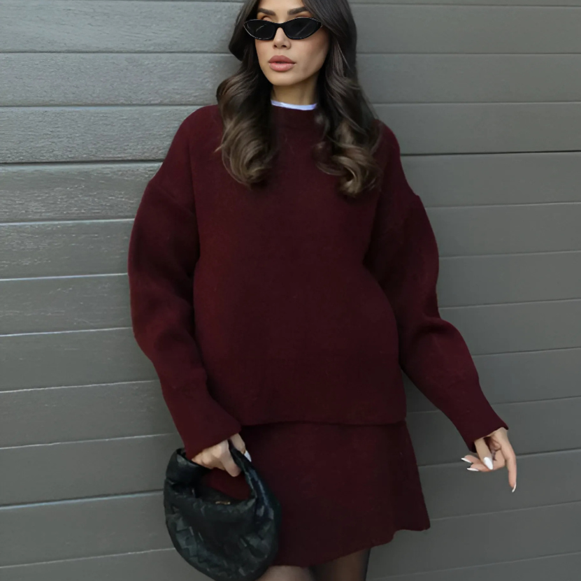 Amelie Women's Matching Knit Sweater & Mini Skirt Set | Cotton Knit Co-Ord Set for Women | Casual Everyday Two-Piece Knitwear