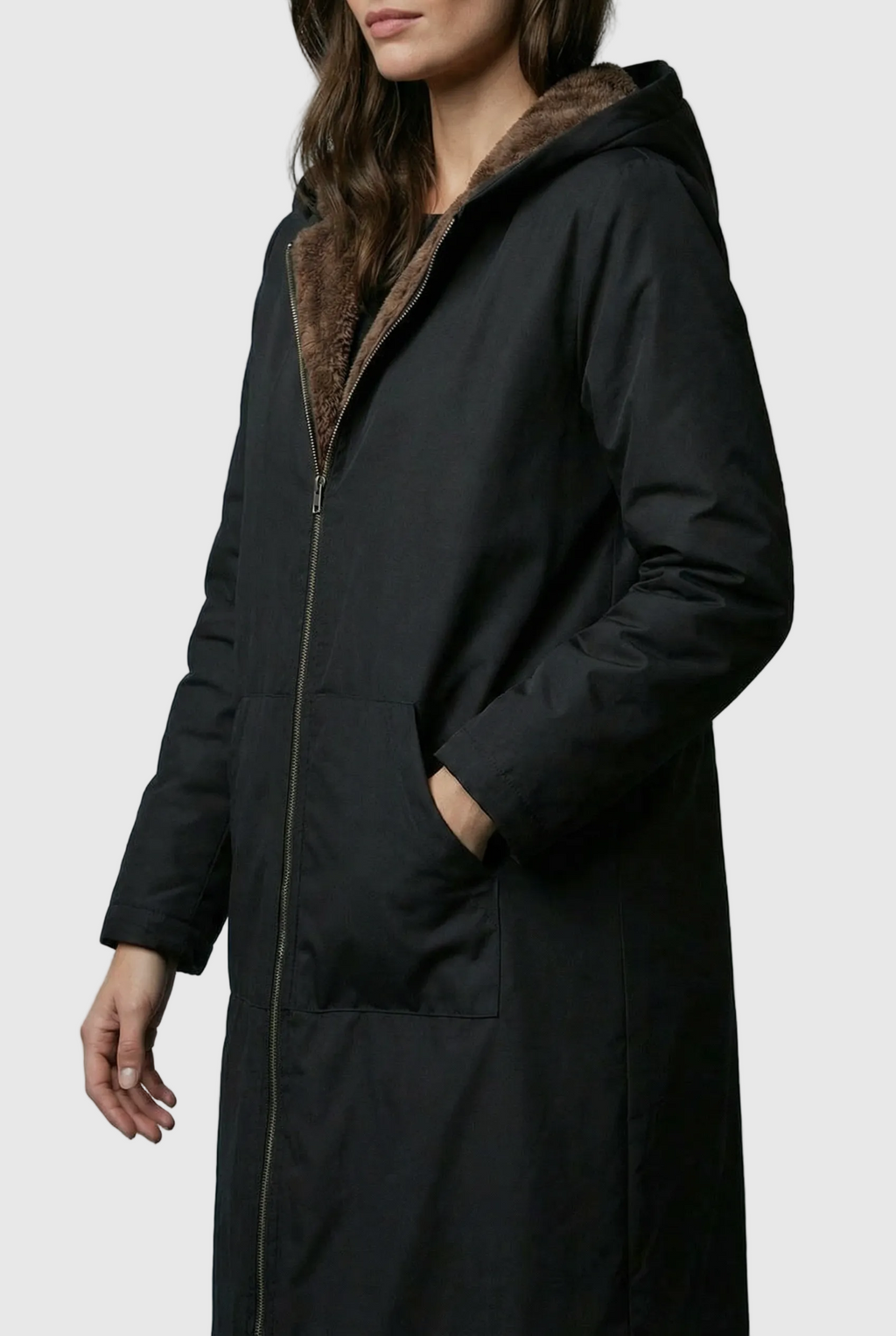 Women’s Elegant Black Plush-Lined Hooded Long Coat