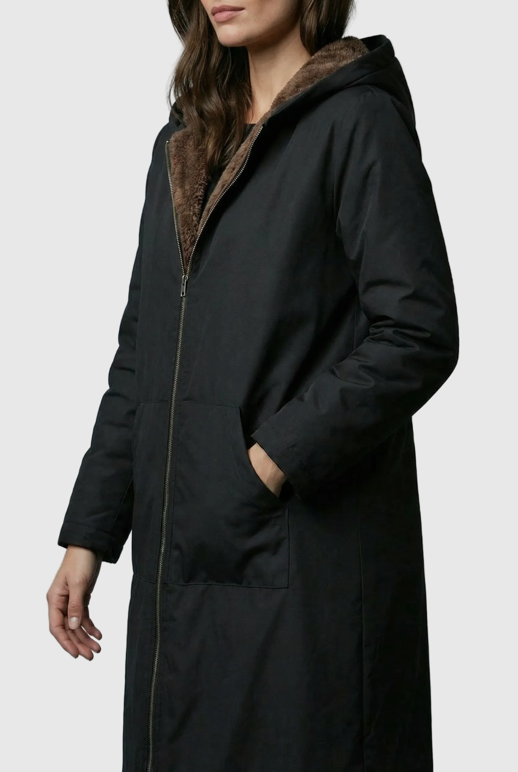 Women’s Elegant Black Plush-Lined Hooded Long Coat