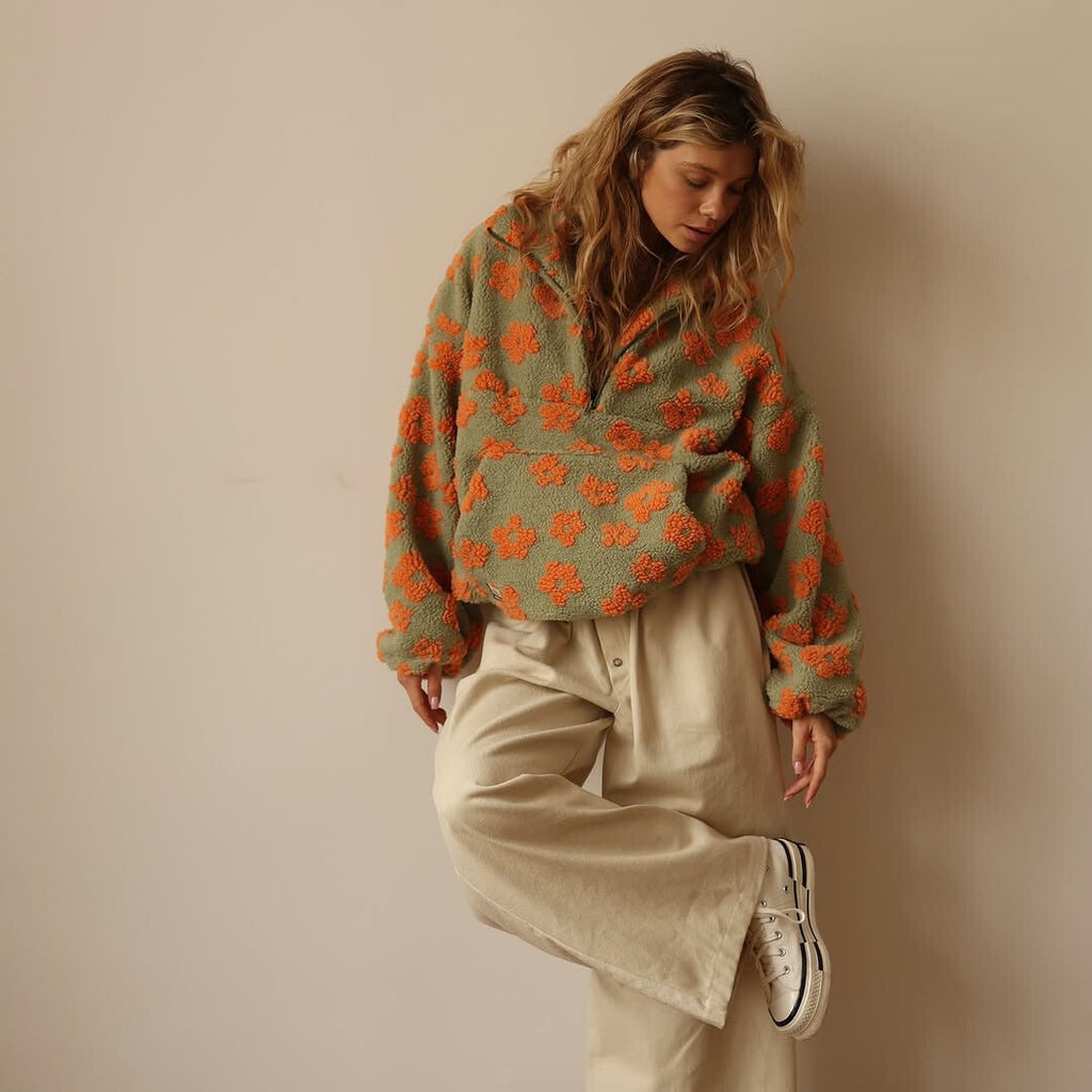 Women's Floral Sherpa Pullover | Oversized Teddy Fleece Quarter-Zip Jumper | Cosy Casual Knitwear