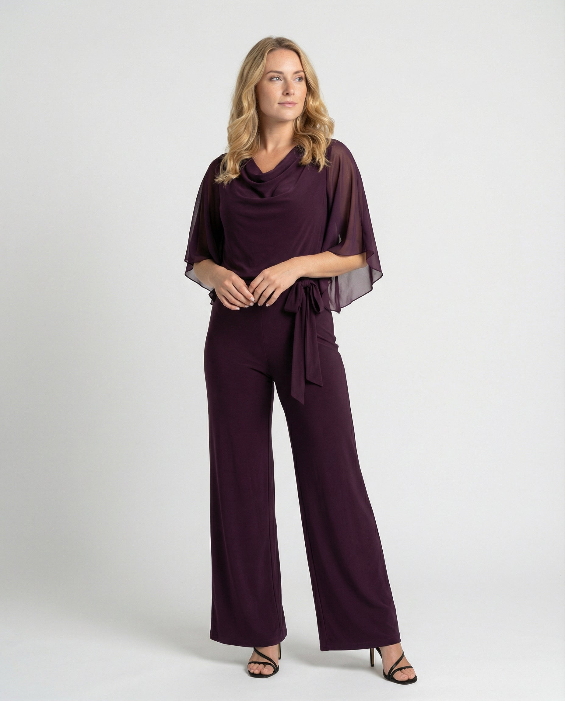 Cascade Women's Satin Wide-Leg Jumpsuit | Cascading Neckline & Lace-Up Waist One-Piece