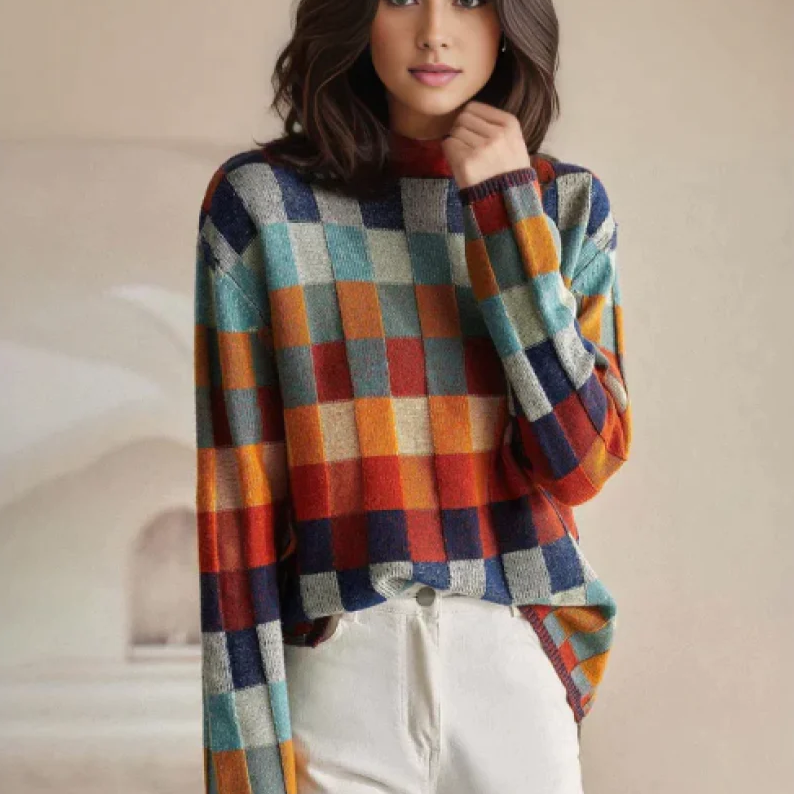 Women’s Knit Sweater with Check Pattern and Crew Neck