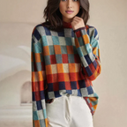 Women’s Knit Sweater with Check Pattern and Crew Neck