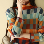 Women’s Knit Sweater with Check Pattern and Crew Neck