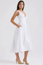 Alyanna Women's Cotton Midi Dress | V Neck Gathered Full Skirt Summer Dress | Wedding Guest & Casual
