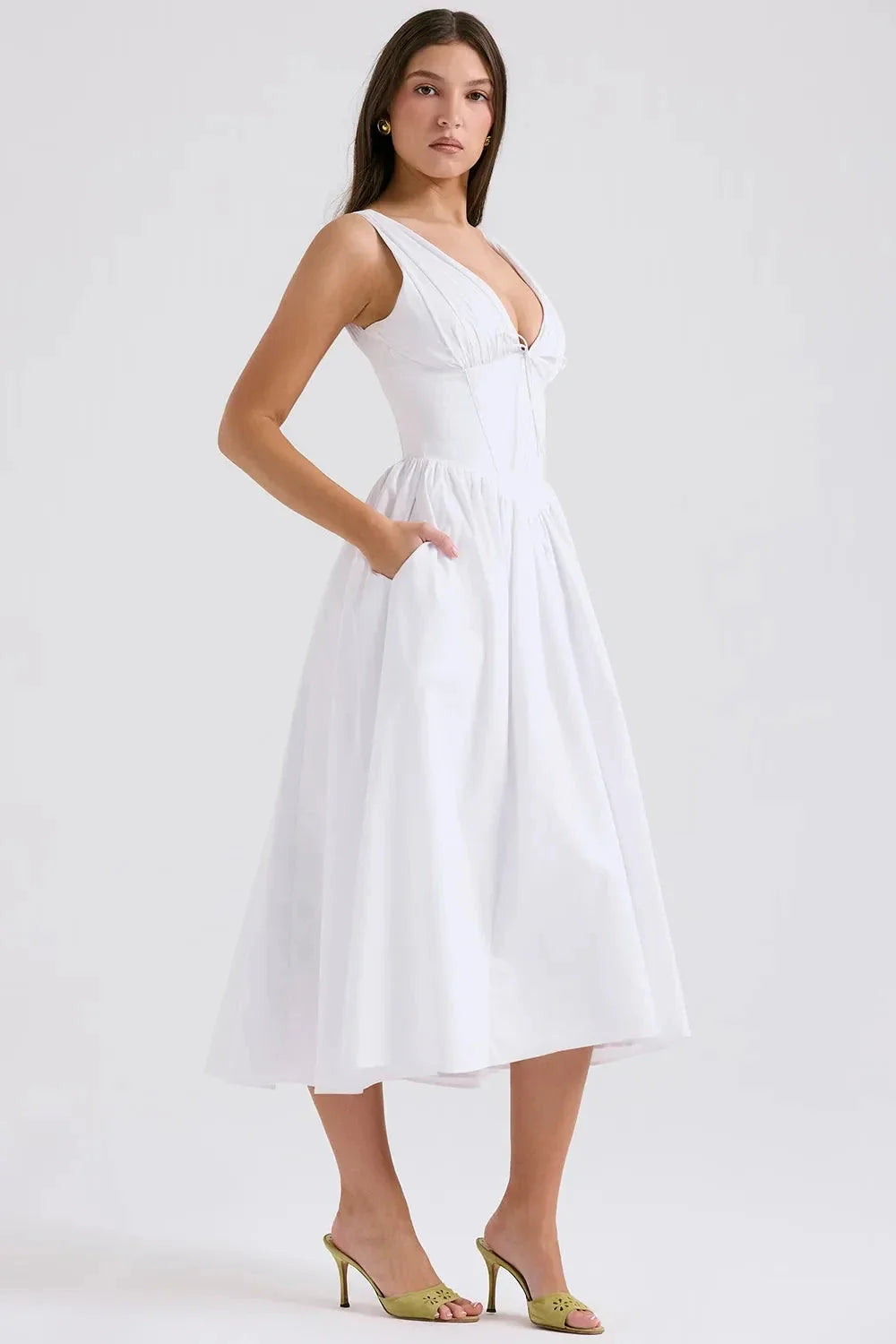 Alyanna Women's Cotton Midi Dress | V Neck Gathered Full Skirt Summer Dress | Wedding Guest & Casual