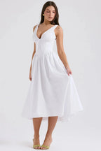 Alyanna Women's Cotton Midi Dress | V Neck Gathered Full Skirt Summer Dress | Wedding Guest & Casual