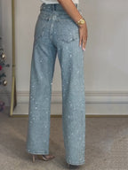 Sabine Women's Rhinestone Embellished Jeans | Crystal Straight Leg Going Out Denim | Party Wear