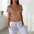 Danique Women's Satin Cowl Neck Top | Draped Button Detail Blouse | Smart Casual Everyday Top