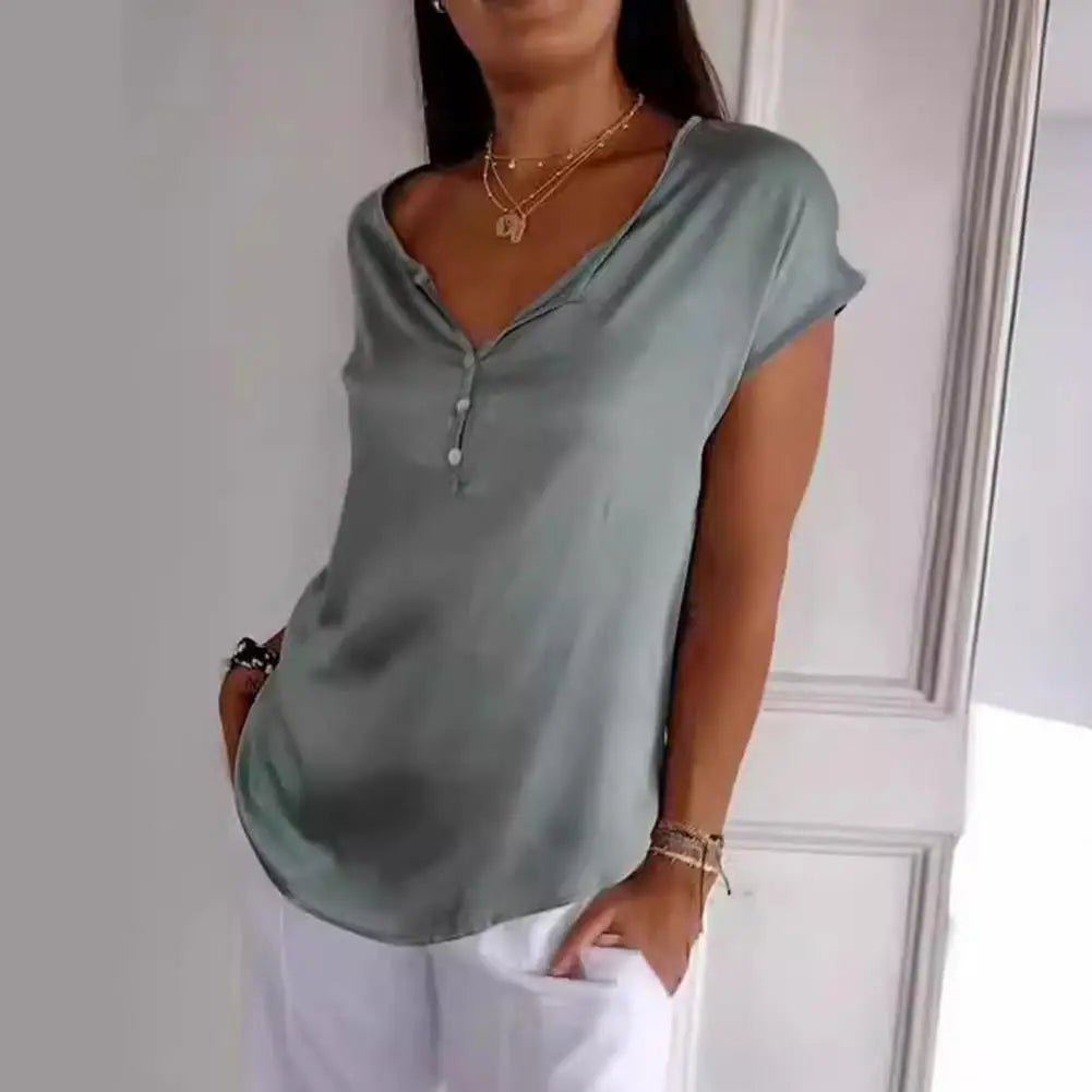 Danique Women's Satin Cowl Neck Top | Draped Button Detail Blouse | Smart Casual Everyday Top