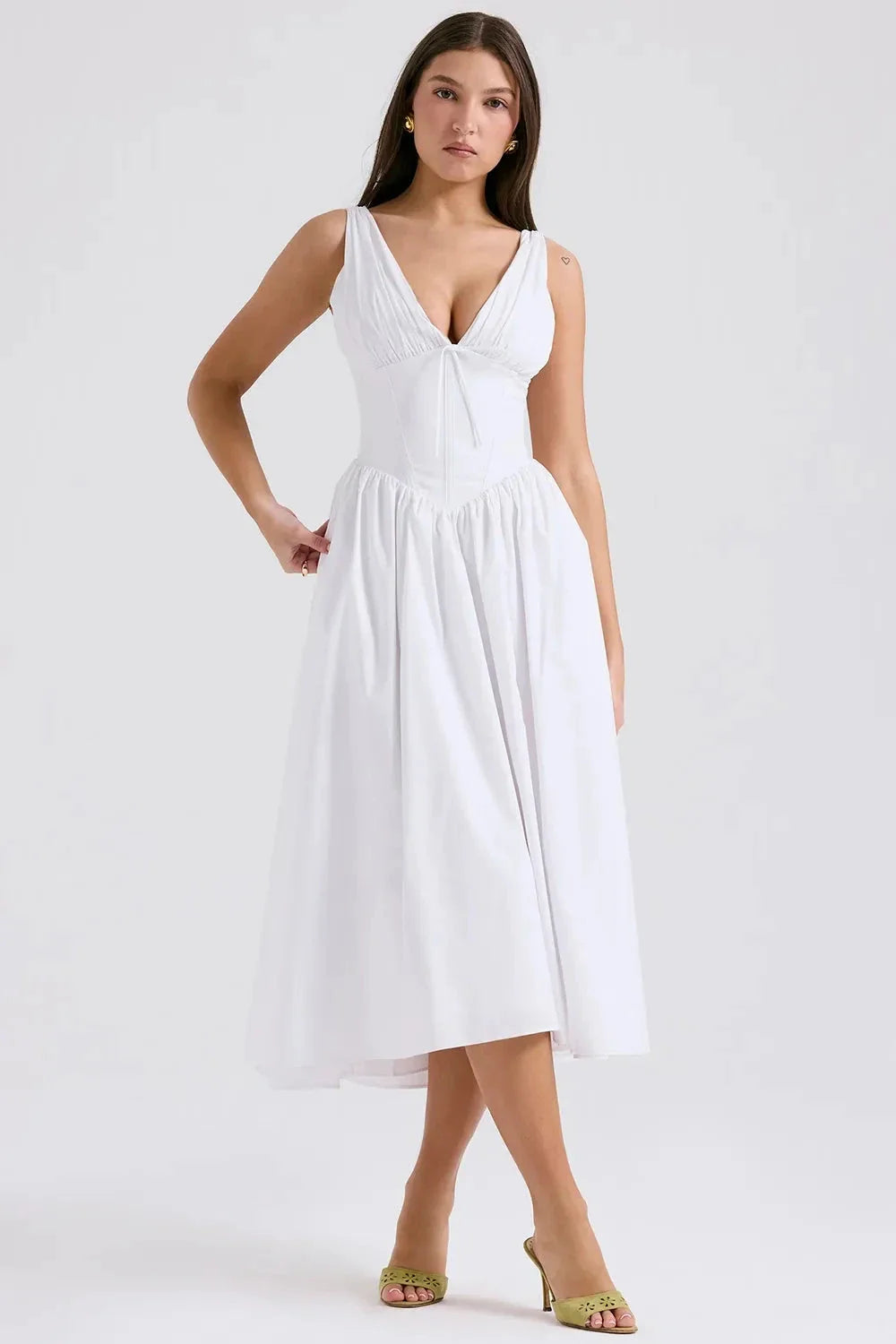Alyanna Women's Cotton Midi Dress | V Neck Gathered Full Skirt Summer Dress | Wedding Guest & Casual